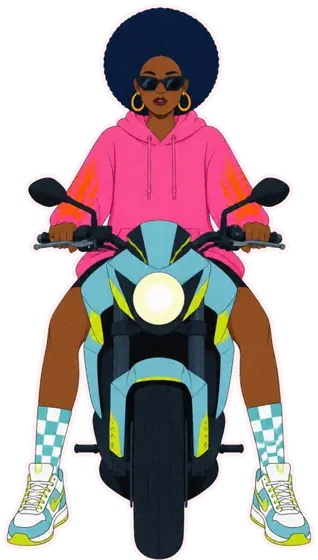 A woman with a big afro, black sunglasses and a pink hoodie with orange flames rides a blue street motorbike.