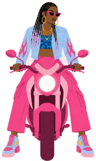 A woman with long braids, pink cat-eye sunglasses and a blue denim jacket with pink flames rides a pink street motorbike.