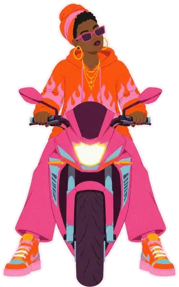 A woman in an orange headwrap, pink sunglasses and an orange hoodie with pink flames rides a pink street motorbike.