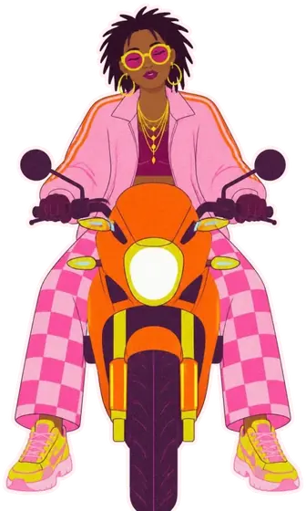 A woman with short locs, round pink sunglasses, a pink track jacket and pink checked trousers rides an orange street motorbike.