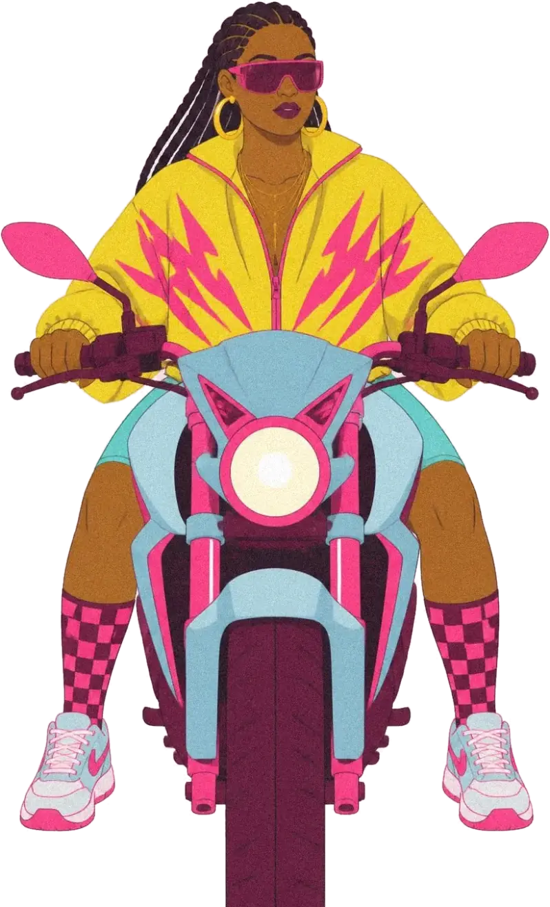 A woman with long braids, pink shield sunglasses and a yellow jacket with pink lightning bolts rides a blue street motorbike toward you, headlight on.