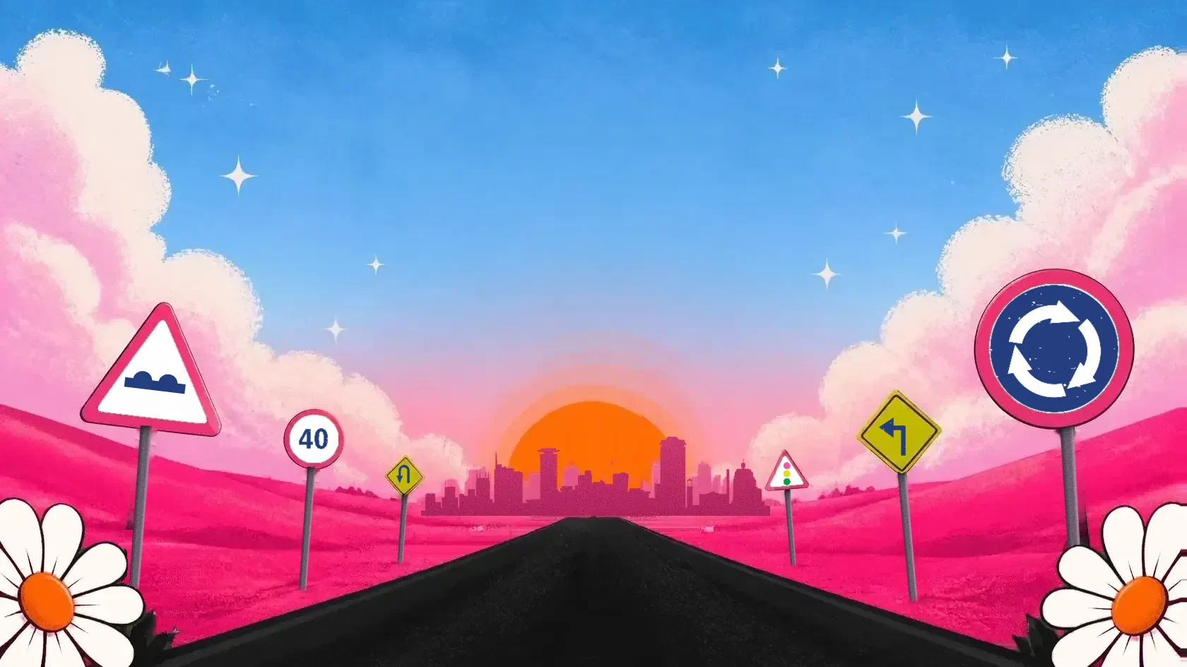 A road through pink hills toward the Nairobi skyline and an orange sun, with road signs, daisies and big clouds on either side.